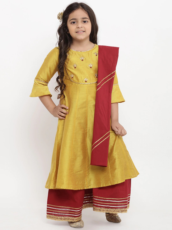 Girls Yellow & Embroidered Kurti With Palazzos & Dupatta | WomensFashionFun