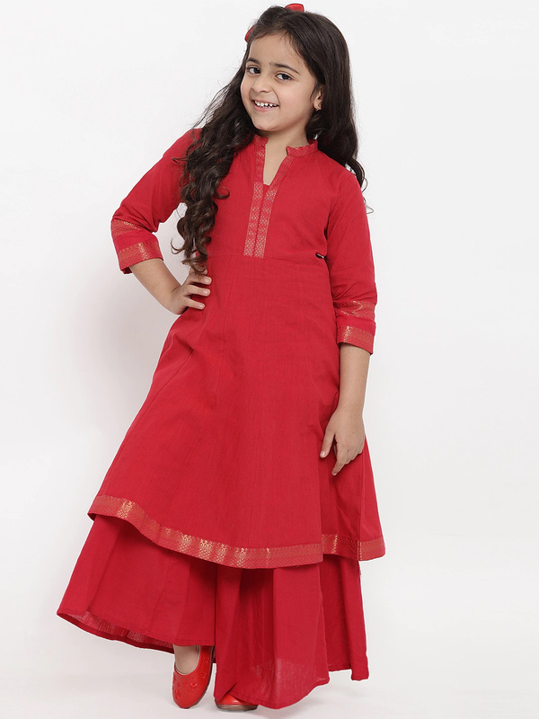 Girls Red Self Design Kurta With Palazzos | WomensFashionFun