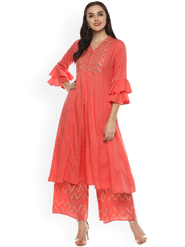 Women's Pink Yoke Design Kurta With Palazzos | WOMENSFASHIONFUN