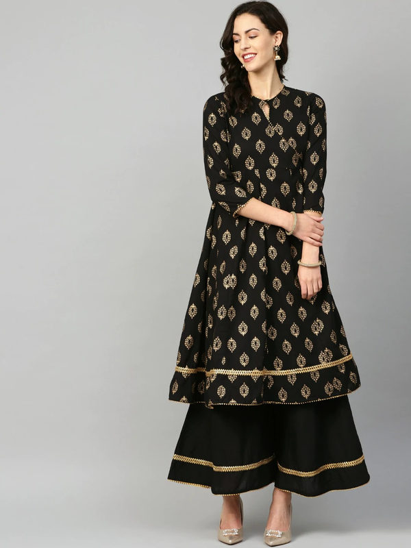 Women's Black & Golden Printed Kurta With Palazzos | WOMENSFASHIONFUN