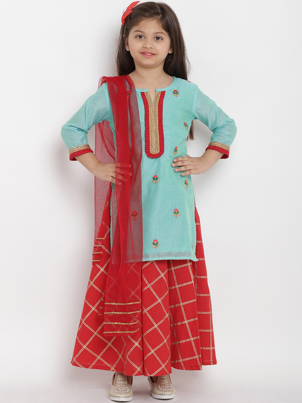 Girls Sea Green & Red Self Design Kurta With Skirt & Dupatta | WomensFashionFun