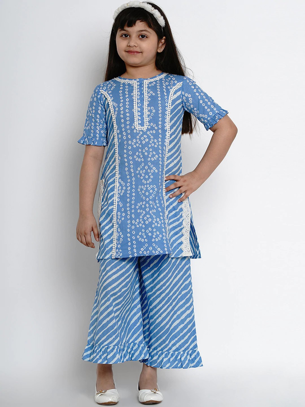 Girls Blue & White Striped Kurta With Palazzos | WomensFashionFun