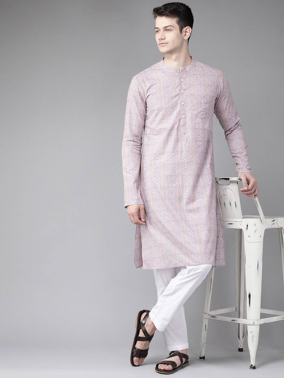 Men Peach & Gold Printed Straight Kurta