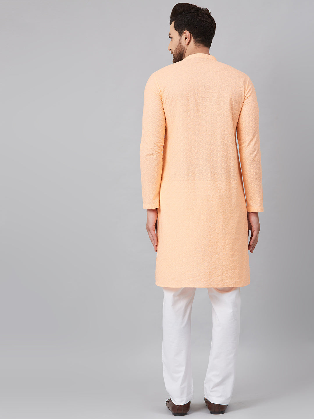 Men Peach Chikankari Embroidered Woven Design Straight Kurta