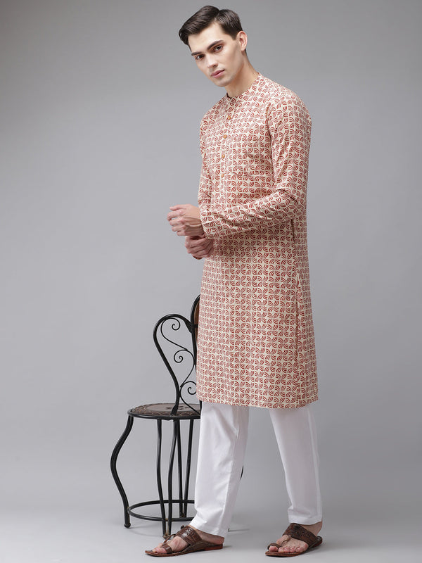 Men Beige And Maroon Hand Block Print Sustainable Straight Kurta