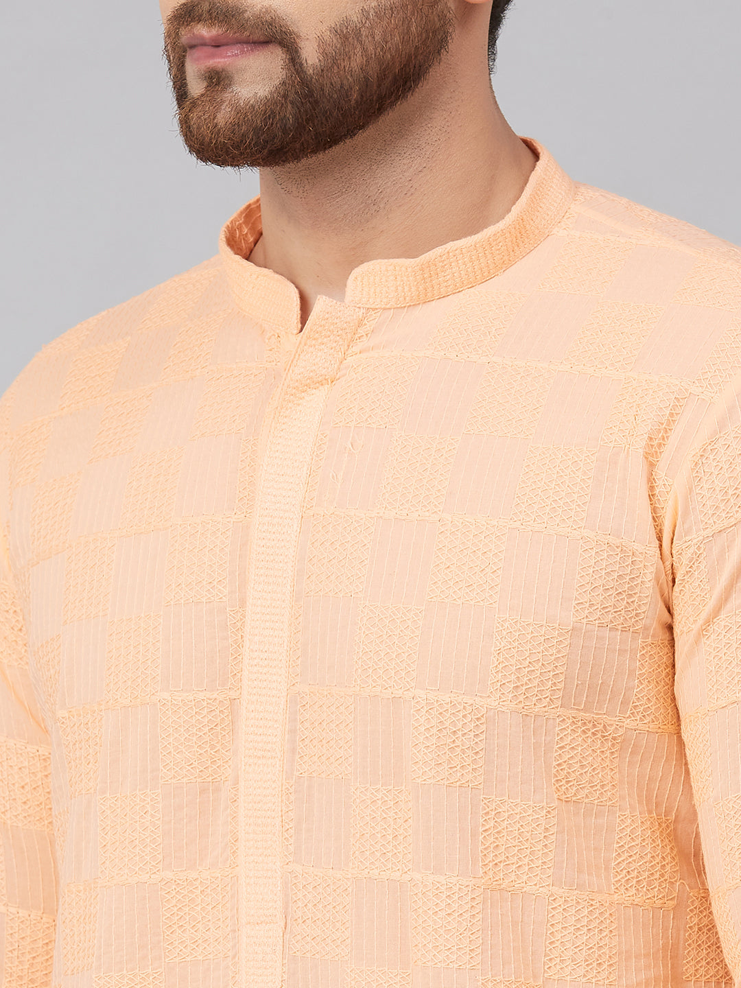 Men Peach Chikankari Embroidered Woven Design Straight Kurta