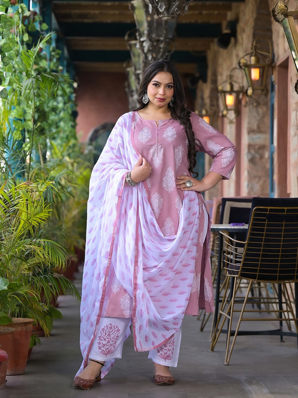 Women Plus Size Mauve Viscose Rayon Kurta Set With Dupatta | WomensfashionFun.com