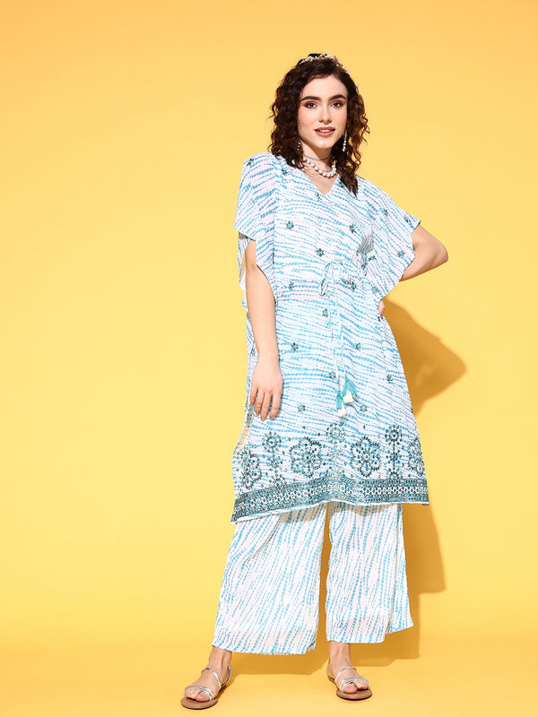 Women White And Turquoise Georgette Co-Ord Set | WomensfashionFun.com