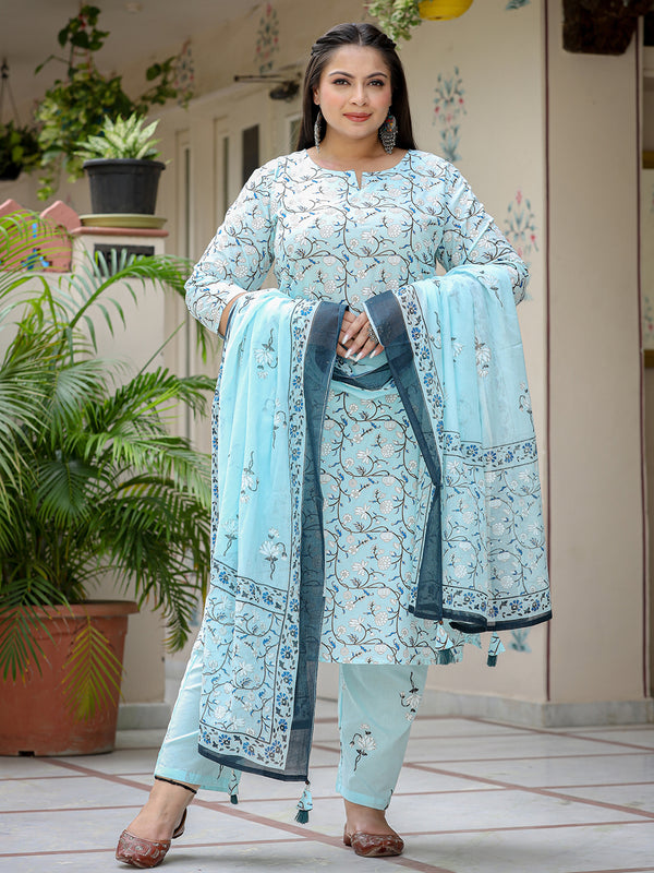 Women Plus Size Sky Blue Pure Cotton Kurta Set With Dupatta | WomensfashionFun.com