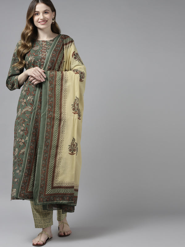 Women Green Pure Cotton Kurta Set With Dupatta | WomensfashionFun.com