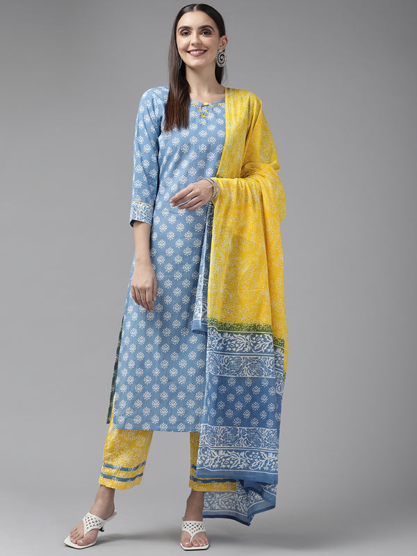 Women Blue Pure Cotton Kurta Set With Dupatta | WomensfashionFun.com