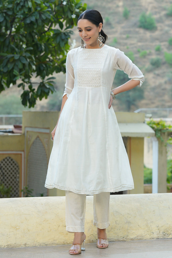 White Chanderi Embroidered A-Line Kurta | WomensFashionFun