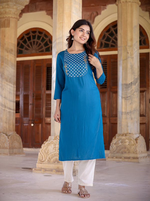 Women Teal Blue Rayon Kurta | WomensfashionFun.com