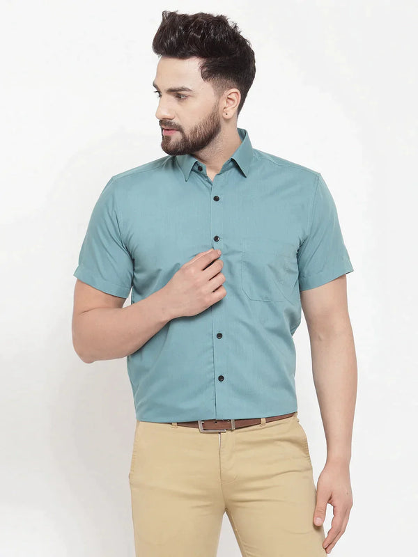 Green Men's Cotton Half Sleeves Solid Formal Shirts | WomensfashionFun.com