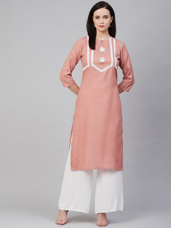 Peach-Coloured & White Lace Detailed Straight Kurta | WomensfashionFun.com