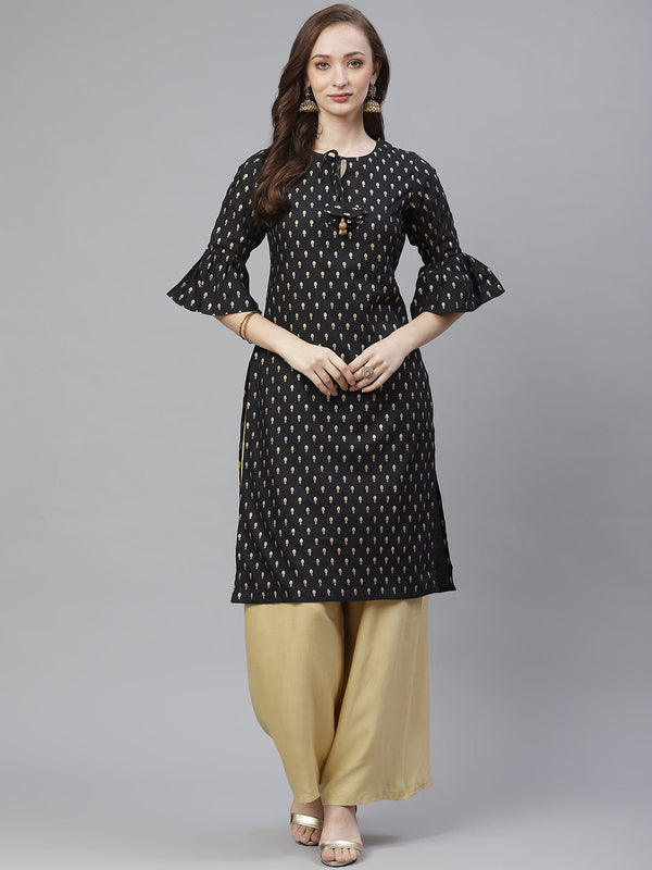 Black & Golden Ethnic Block Printed Straight Kurta | WomensfashionFun.com