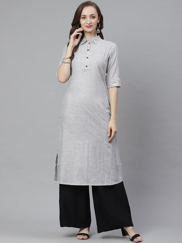 Women White & Grey Striped Straight Kurta | WomensfashionFun.com