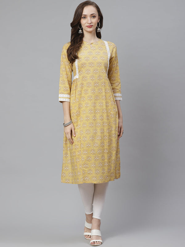 Yellow & Beige Ethnic Print A-Line Kurta | WomensfashionFun.com