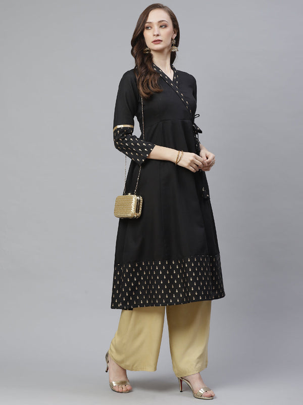 Women Black & Golden Ethnic Print Anarkali Kurta | WomensfashionFun.com