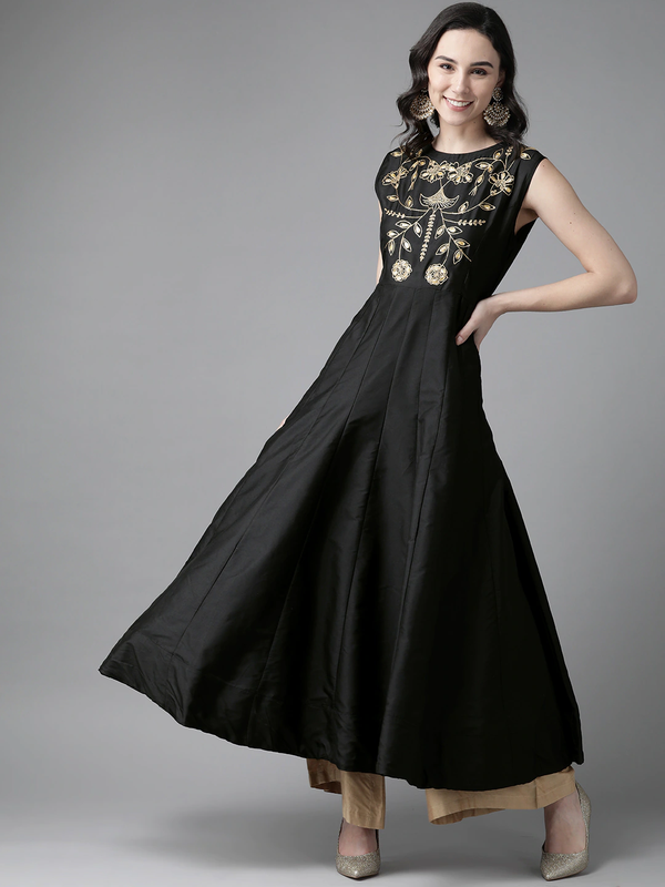 Women Black Ethnic Motifs Yoke Design Thread Work Kurta | WomensfashionFun.com