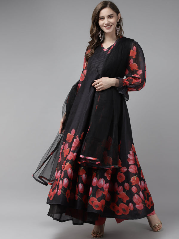 Black Floral Printed Chanderi Silk Anarkali Kurta With Dupatta | WomensfashionFun.com