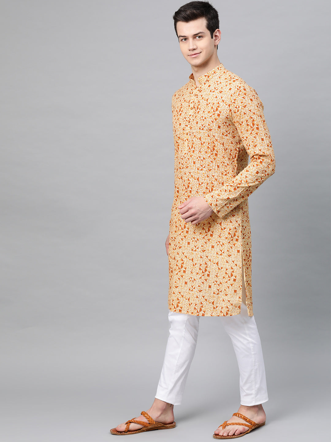 Cream & Brown Printed Straight Kurta