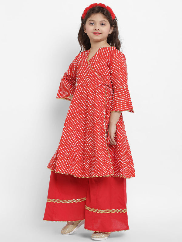 Girls Red Leheriya Printed Angrakha Kurta With Solid Palazzos | WomensFashionFun