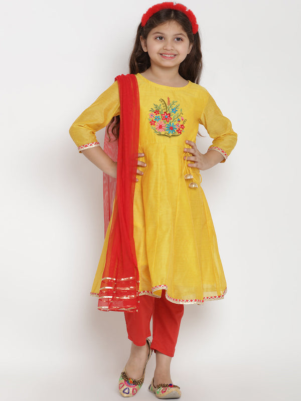 Girls Yellow & Red Embroidered Kurta With Trousers & Dupatta | WomensFashionFun