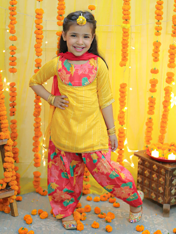 Girls Ethic Traditional  Indian Festive Chanderi Kurta With Printed Salwar And Dupatta -Yellow | WomensFashionFun