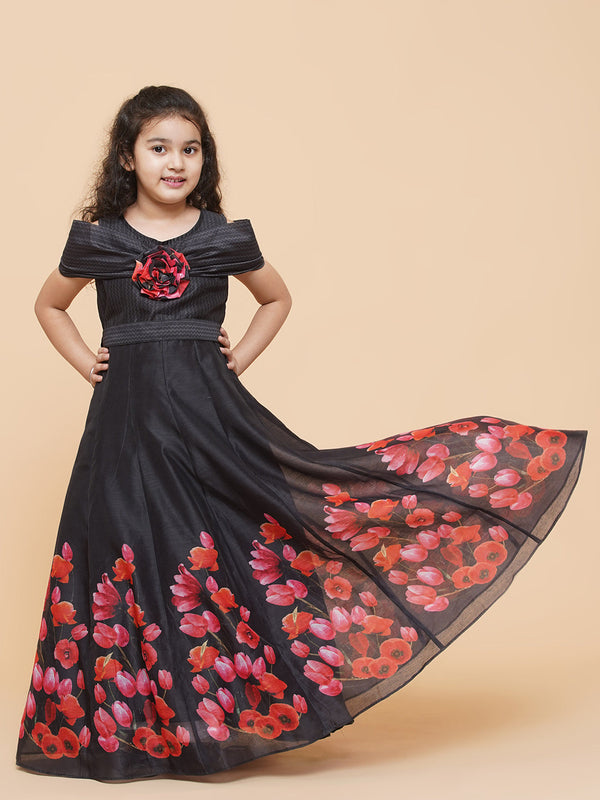 Girls Black Chnaderi Tulip Digital Print Fit & Flared Dress | WomensFashionFun