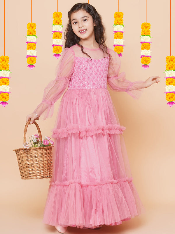 Girls Pink Embroidered Net Fit & Flared Gown Dress | WomensFashionFun