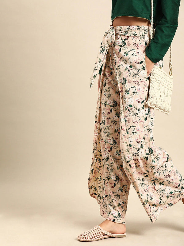 Women Peach-Coloured  Green Printed Wide Leg Palazzos | womensFashionFun.com