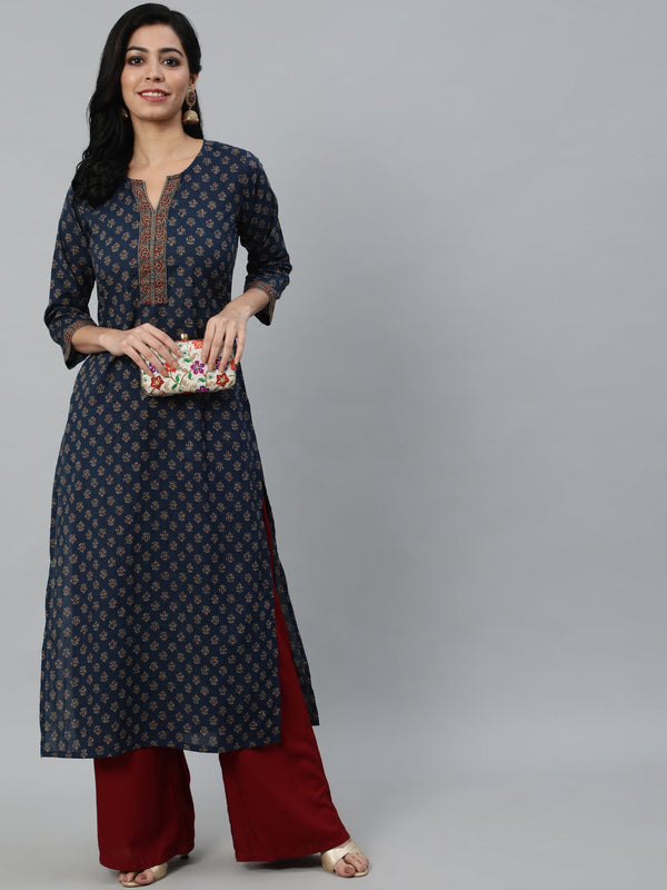 Women Navy Blue Ethnic Printed Straight kurta With Three Quarter Sleeves | womensFashionFun.com