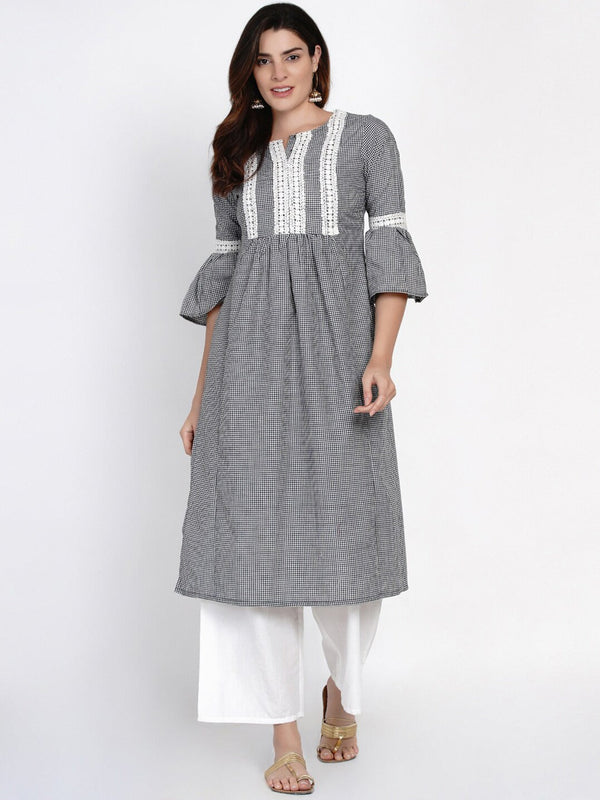 White & Black Checked Print Kurti With Lace Work Detailing With Palazzos | WomensfashionFun.com