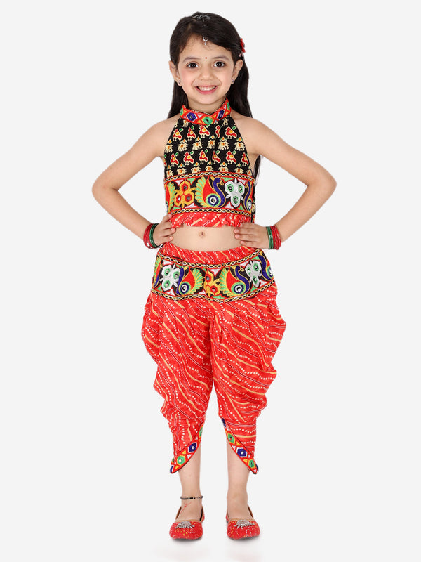 Ethnic Festive Wear Girls Halter Neck Printed Cotton Choli With Dhoti Indo Western Clothing Sets-Black | WomensFashionFun