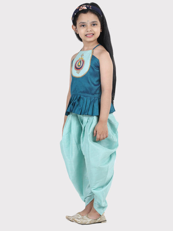 Hand Embroidered Grecian Neck Top Dhoti For Girls- Blue | WomensFashionFun