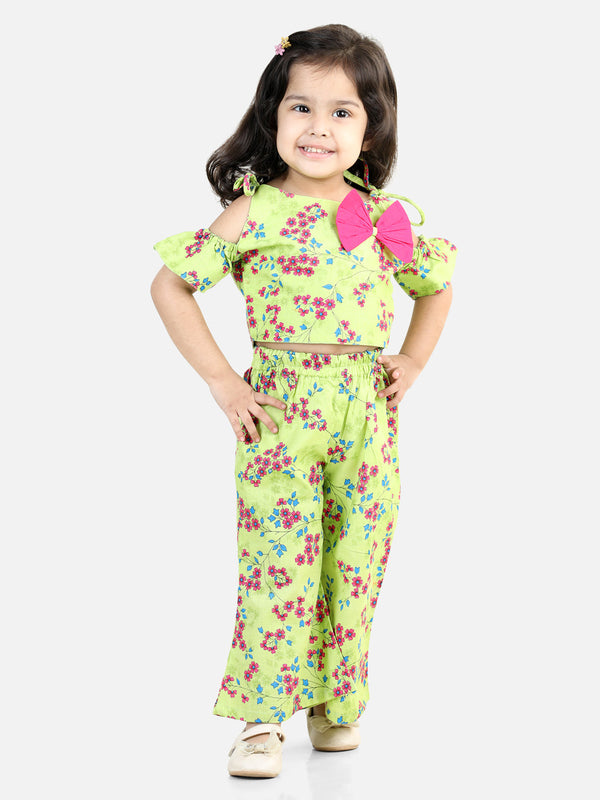 Girls Off Shoulder Printed 100% Cotton Top With Palazzo Indo Wester Clothing Sets- Green | WomensFashionFun