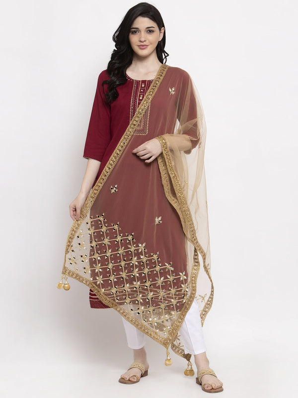 Golden Heavy Mirror Work Net Dupatta