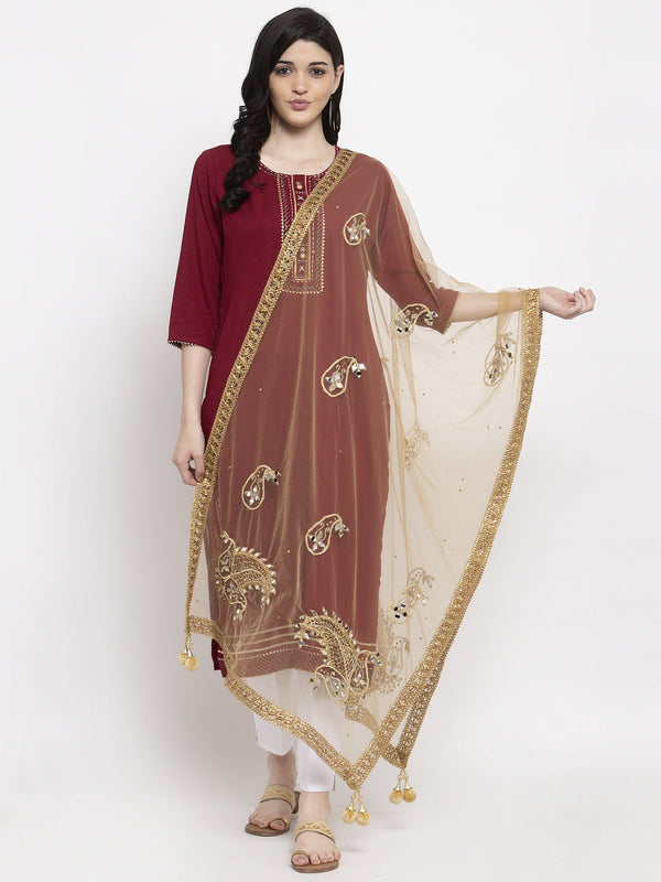 Golden Heavy Mirror Work Net Dupatta