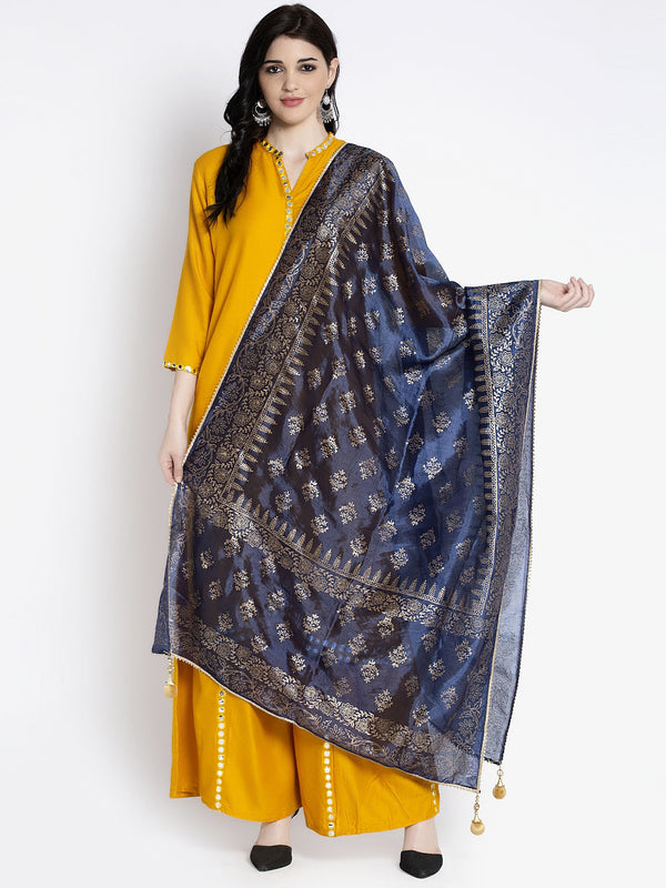 Navy Blue Printed Silk Dupatta