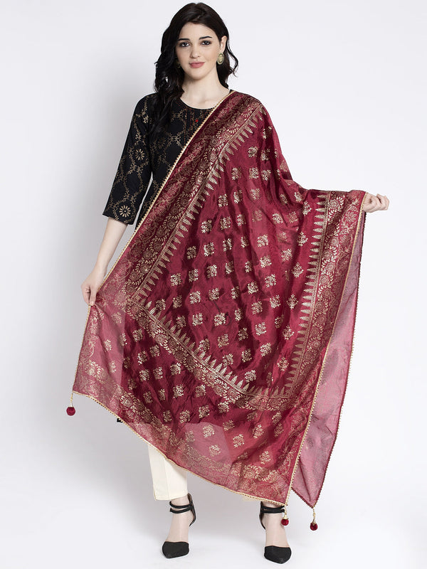 Maroon Printed Silk Dupatta