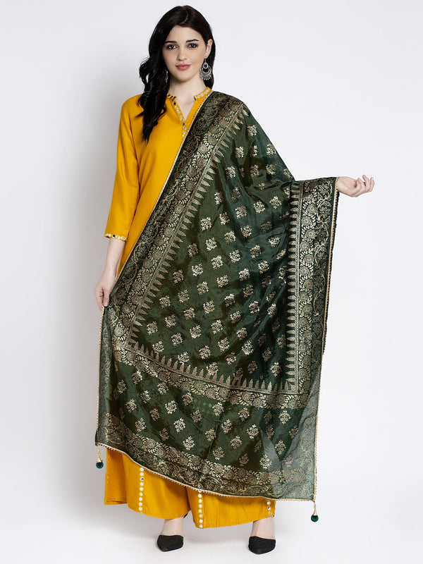 Bottle Green Printed Silk Dupatta