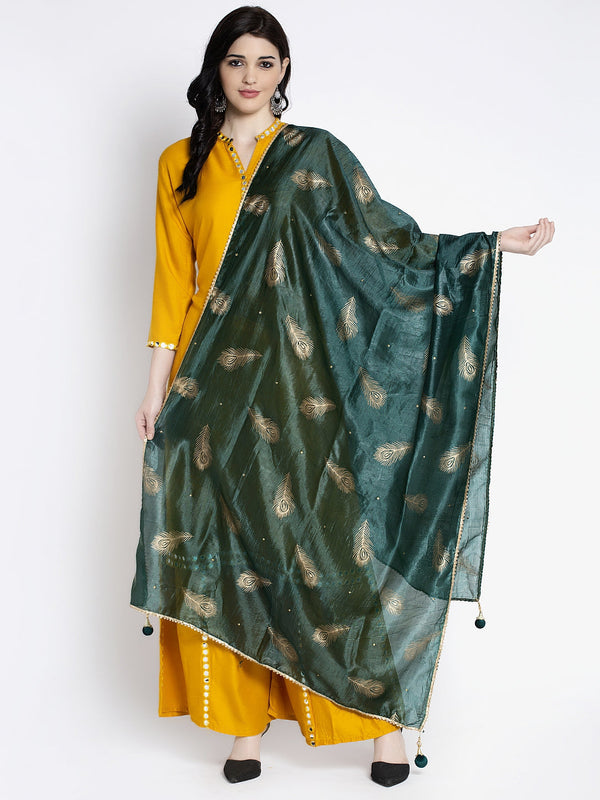 Bottle Green Printed Silk Dupatta