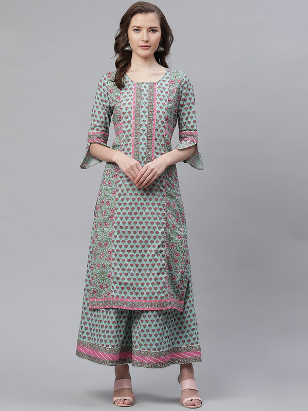 Blue Printed Straight Kurti With Palazzo | WOMENSFASHIONFUN