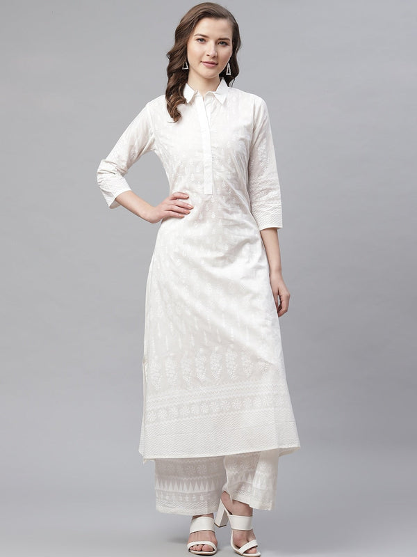 White Printed Cotton Kurti With Palazzo | WOMENSFASHIONFUN