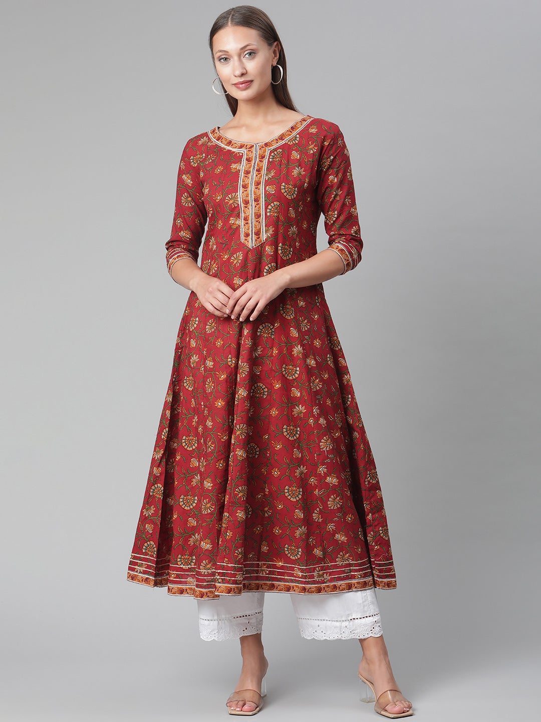 Red Flaired Cotton Anarkali Kurta