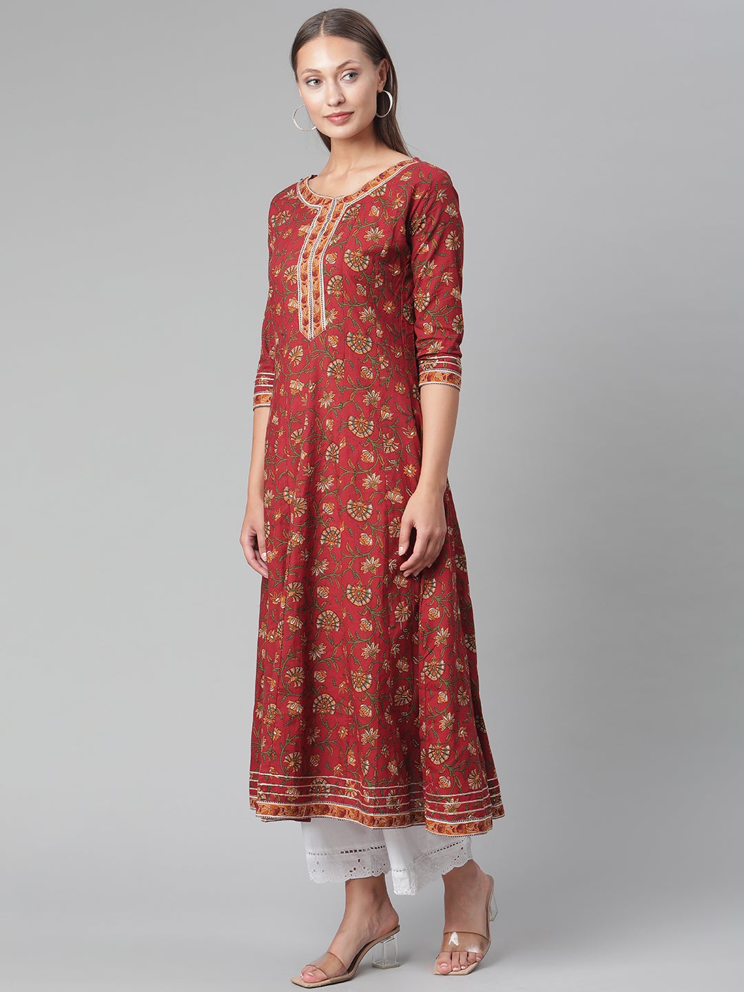 Red Flaired Cotton Anarkali Kurta