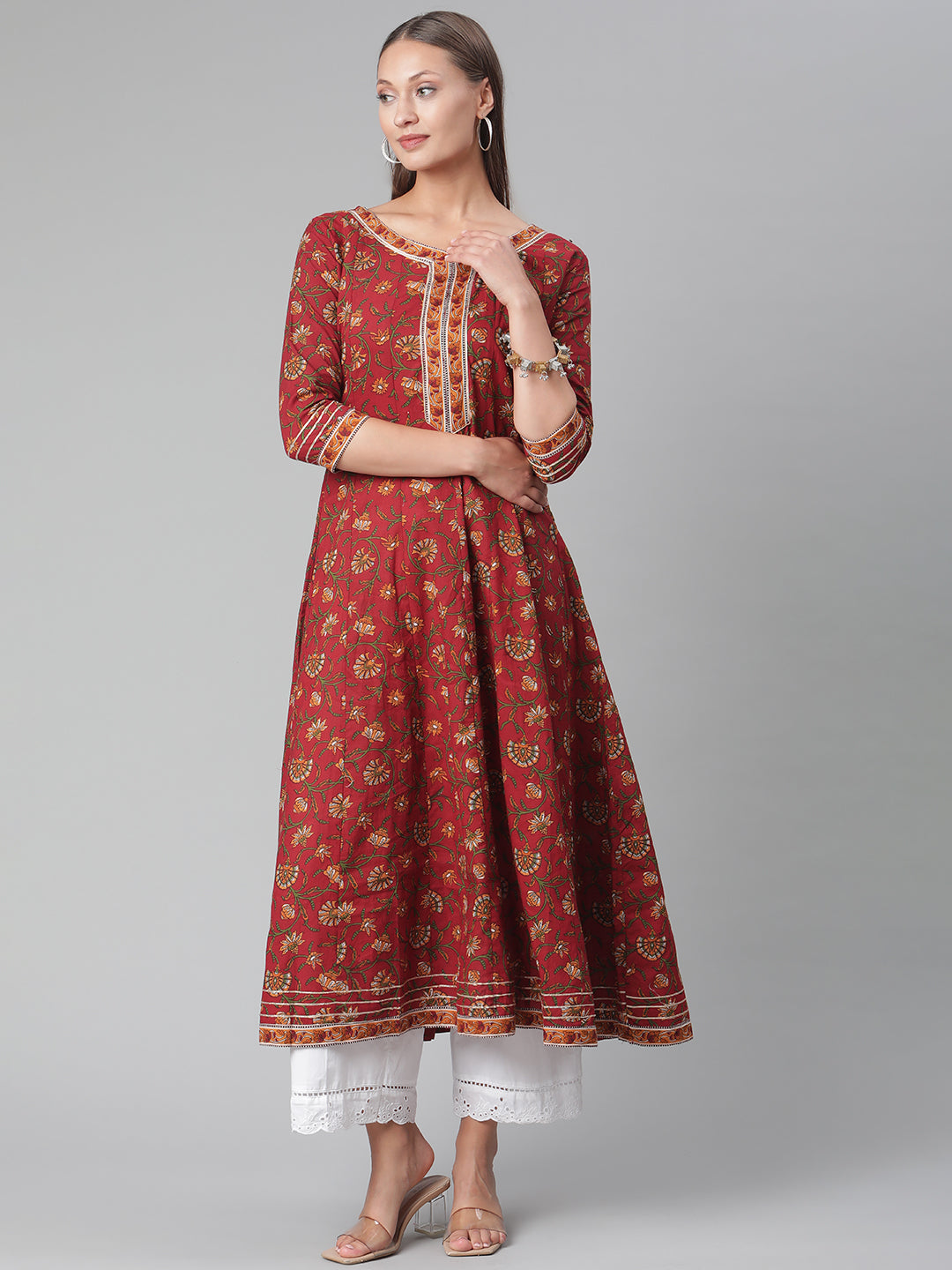 Red Flaired Cotton Anarkali Kurta