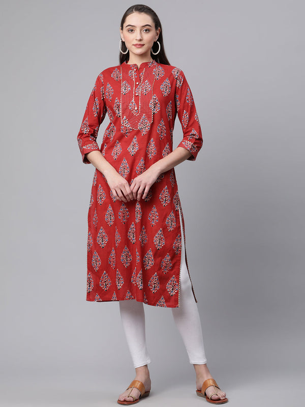 Women Red Floral Print Cotton Kurta - WomensFashionFun.com