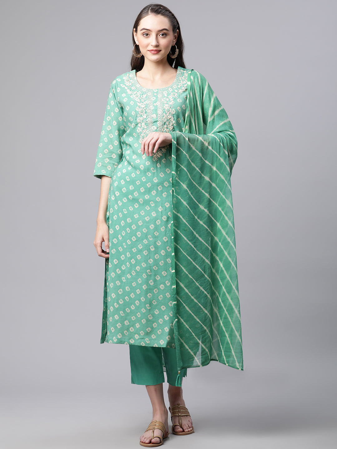 Women Green Floral Print Chanderi Silk Kurta Set - WomensFashionFun.com